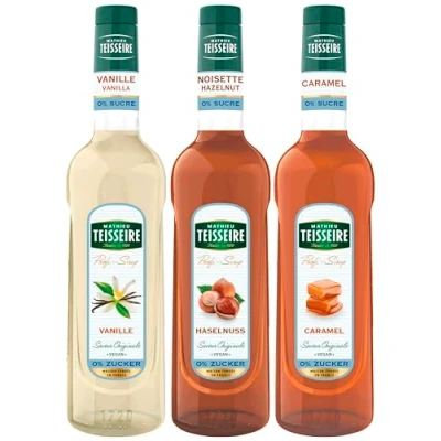 Abbildung von Mathieu Teisseire Sirup Light Set (3 x 700ml Flaschen: Vanille 0%, Caramel 0% &amp; Haselnuss 0%)