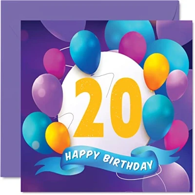 Abbildung von Geburtstagskarte zum 20. Geburtstag für Männer und Frauen Ballon Party Happy Birthday Karten 20 Jahre alte Männer, Frauen, Bruder, Schwester, Sohn, Tochter, Enkelin, Cousin, 145 mm x