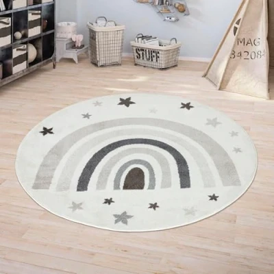 Abbildung von Jimri Kinderteppich DOTS l Pünktchen Gepunktet Öko Tex Siegel Farbe: Beige Blau Rosa Kinderzimmer/Jugendzimmer (Creme, Ø 120 cm Rund)