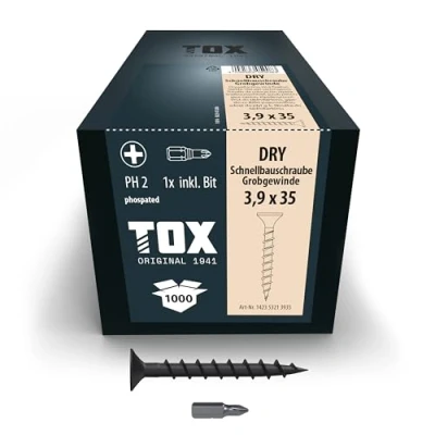 Abbildung von TOX Schnellbauschrauben DRY GG 3,9 x 35 mm, Schrauben schwarz phosphatiert mit Trompetenkopf + Grobgewinde, Gipskartonplatte auf Holz Unterkonstruktion, PH2, 1000 Stück, inkl. 1x Bit, 142353213935
