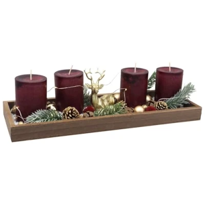 Abbildung von ZauberDeko Adventsgesteck Weihnachten Deko Tablett Holz Hirsch Gold Bordeaux Lichterkette 40cm