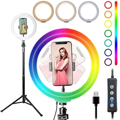 Abbildung von Starbea Selfie Ringlicht mit Stativständer und Handyhalterung, Fotobeleuchtung, LED Kreis Ringlicht, RGB Kameralicht für Make up, YouTube, Tiktok (RGB)