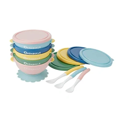 Abbildung von Badabulle Funcolor Bowls Set aus 5 Breischalen &amp; 3 Babylöffel, hermetischer Verschluss, rutschfester Saugnapf