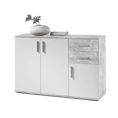 Abbildung von PREISBRECHER Kommode &gt;Freida&lt; in Weiß 120x82x35cm (BxHxT) (B/H/T 120 x 82 35 cm), aus Spanplatte, Beton/Weiß, mit 3 Türen, 2 Schubkästen