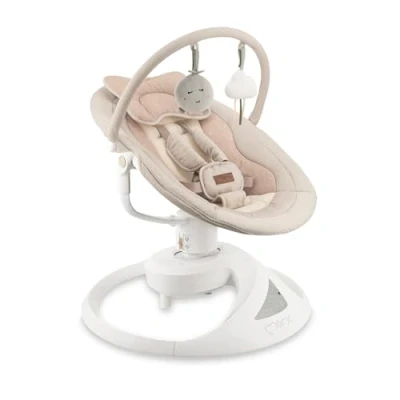 Abbildung von MoMi Babywippe PEARL für Babys bis 9 kg, 360 drehbarer Sitz, LED Panel, Bluetooth, Fernbedienung, Batterie oder Netzbetrieb, Netzteil mit USB Kabel, 5 Punkt Sicherheitsgurt, Bügel und Spielzeug