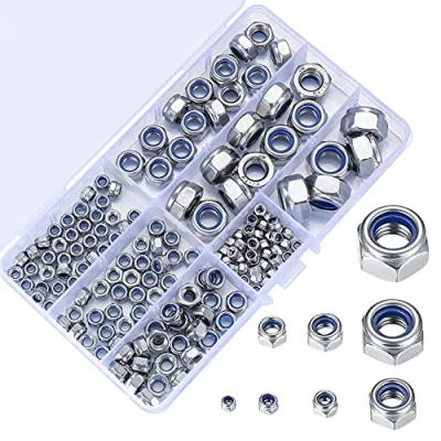 Abbildung von 200 Stück Sicherungsmuttern Sortiment, Edelstahl Selbstsichernde Muttern, M3 M4 M5 M6 M8 M10 M12 Gewindeeinsätze Sechskantmuttern Set, Verschiedene Nylon
