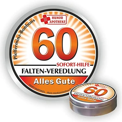 Abbildung von Pfefferminz Bonbon Metalldose Zum 60. Geburtstag, Falten Veredlung Alles Gute Soforthilfe Humorapotheke Spaßmedizin Humormedizin Pfefferminzdragees Dose Blechdose Pillendose