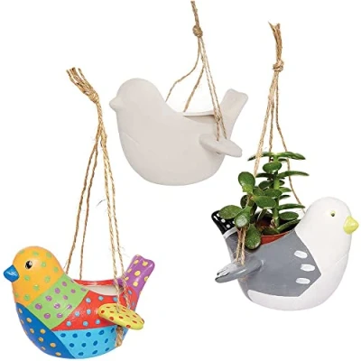 Abbildung von Baker Ross FC690 Vogel Keramik Blumentopf zum Aufhängen 3er Pack, Bastelset für Kinder Bemalen, Dekorieren und Basteln