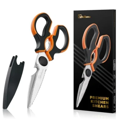 Abbildung von Vitalismo Küchenschere Allzweckschere Rostfreier Edelstahl Haushaltsschere 21cm Spülmaschinenfest Universalschere mit Klingenschutz Flaschenöffner Linkshänder Schere Küche für Fisch Geflügel Nüsse