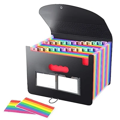 Abbildung von Dokumentenmappe A4 26 Fächer, Sortiermappe Fächermappe Datei Organizer mit Netztasche und Bunten Labeln, Bunte Ordner Regenbogen Aktenordner Akkordeon Design