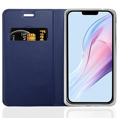 Abbildung von Cadorabo Hülle kompatibel mit Apple iPhone 13 PRO MAX aus Premium Kunst Leder Flip Klappbare Stoßfeste Magnetische [Standfunktion] [Kartenfächern] Cover für Tasche in Blau