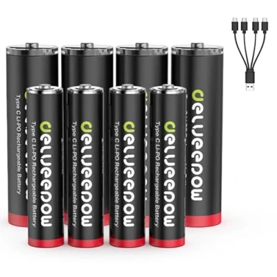 Abbildung von Delyeepow USB C AA AAA Akkus Lithium Wiederaufladbare, 1.5V 3400mWh 4 Stück 1200mWh Wiederaufladbare Batterien mit in 1 Ladekabel, Stunden Schnellladung, 1500 Zyklus