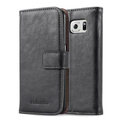 Abbildung von Cadorabo Hülle kompatibel mit Samsung Galaxy S6 aus Premium Kunst Leder Flip Klappbare Stoßfeste Magnetische [Standfunktion] [Kartenfächern] Cover für Tasche in Schwarz