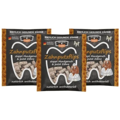 Abbildung von QCHEFS 3er Pack Zahnputzflips Hunde Zahnpflege Snack für kleine bei Mundgeruch &amp; Zahnstein entfernen mit natürlich antibakterieller Zahnreinigung ohne Dentalspray oder Zahnbürste