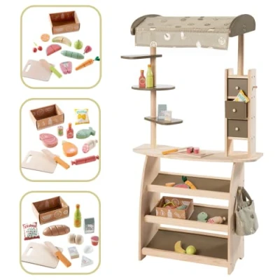 Abbildung von howa Kaufladen Marktstand &quot;Lucky&quot; aus Holz mit Markise, Tasche und 32 tlg. Kaufladenzubehör 47479