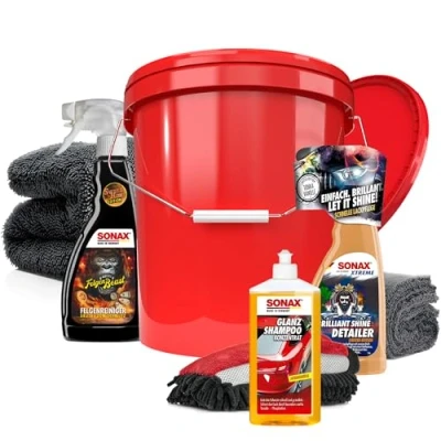 Abbildung von detailmate Sonax GlanzShampoo 1L Waschset #1 mit Wascheimer ca. 16L rot Auto Reinigungsmittel (Deluxe, [8 St)
