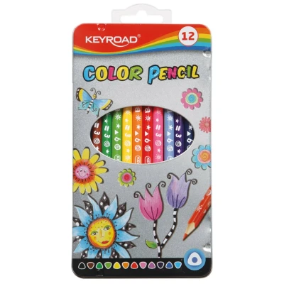 Abbildung von Keyroad Buntstifte Dreikantform in einer Metallbox 12 Stück/Mischfarben/Erwachsene und Kinder/Weicher Graphit/Ideal für MalbücherLoch zum Aufhängen/Komfortabel Handflächengriff Kleinkinder