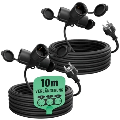 Abbildung von greate 2X 3fach Verlängerungskabel 10 Meter aussen außen wasserdicht IP44 3 Fach Mehrfachsteckdose Verlängerung für Aussenbereich 10m 3500 W, Outdoor Extension Cord Waterproof
