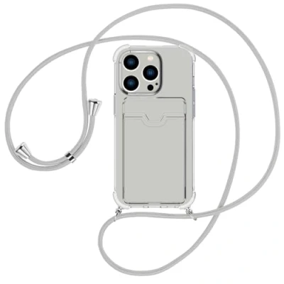 Abbildung von mtb more energy® Handykette mit Kartenfach kompatibel iPhone 15 Pro Silber Grau Smartphone Hülle zum Umhängen Anti Shock Full TPU Case