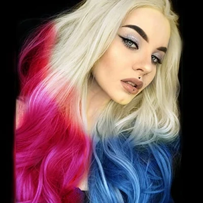 Abbildung von Lange rosa blaue Perücken Frauen lockig gewellt blond Ombre Lace Front Perücke weich realistisch natürlicher Haaransatz blau bunte leimlose synthetische hitzebeständige Faser