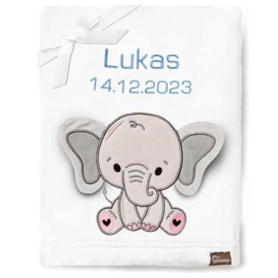 Abbildung von Be Mammy Personalisierte Babydecke mit 3D Applikation Warme Kuscheldecke Namen und Geburtsdatum; Perfektes Baby Geschenk; Blanket; Krabbeldecke BE20 280 (Weiß Elefant)