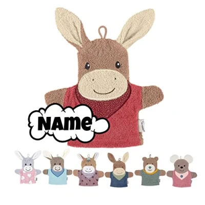 Abbildung von Sterntaler Waschlappen Kinder personalisiert Waschhandschuh Frottee mit Namen bestickt 100% Baumwolle Baby Geschenke (Emily Esel hellrot)