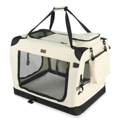 Abbildung von VOUNOT Hundebox faltbar, Transportbox Katze Hunde, Hundetasche, Oxford Gewebe, Netzstoff, Atmungsaktiv, Transportabel, Metallrahmen, mit Griffen, Taschen, 70x52x52cm L, Beige