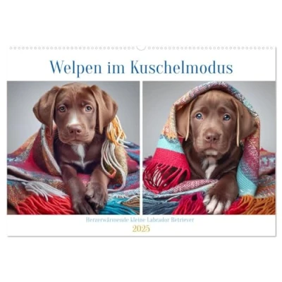 Abbildung von Welpen im Kuschelmodus Herzerwärmende kleine Labrador Retriever (Wandkalender 2025 DIN A2 quer), CALVENDO Monatskalender