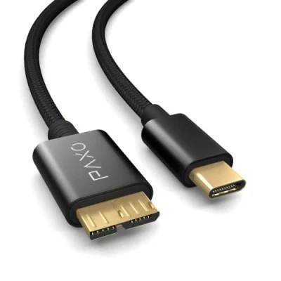 Abbildung von PAXO 0,3m Nylon USB C Micro 3.2 Gen2 Festplattenkabel, 10Gbit/s, HDD Kabel, Datenkabel, Ladekabel schwarz, Stecker auf B