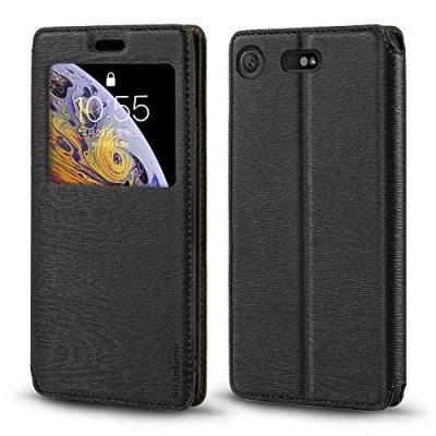 Abbildung von Shantime Sony Xperia XZ1 Compact Hülle, Holzmaserung Lederhülle mit Kartenhalter und Fenster, Magnetische Flip Cover für Schwarz