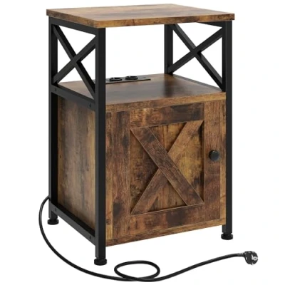 Abbildung von YITAHOME Beistelltisch, Nachttisch mit Kabinett, X förmiger Couchtisch Ladestation, 2 USB Anschlüssen und Steckdosen, Nachtkommode für Wohnzimmer, Schlafzimmer, Metallrahmen, Vintage Braun