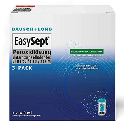 Abbildung von Bausch + Lomb EasySept Peroxidlösung Kontaktlinsenreiniger für weiche Kontaktlinsen, konservierungstofffrei, mit Behälter, 3 x 360 ml
