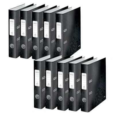 Abbildung von Leitz Qualitäts Ordner 180, 10er Pack, A4, schmal, 5,2 cm Rückenbreite, laminierte Graupappe, Schwarz, WOW Serie, 10060095