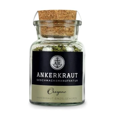 Abbildung von Ankerkraut Oregano Gewürz, getrocknet gerebelt, perfekt für Pizza Suppe Tomate und Fisch, Kräuter zum Würzen, mediterrane Küche zu Hause, Lecker Kochen, 20g im Korkenglas