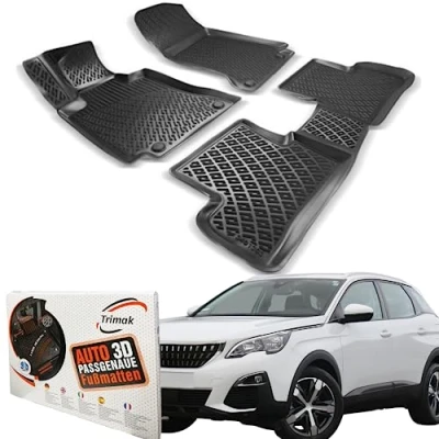 Abbildung von Trimak Passgenau 3D Fussmatten Auto Kompatibel mit Peugeot 3008 2.Gen 2016 2023 Zubehör 1. und 2. Reihe Gummimatten Autos TPE Allwetter Geruchlos rutschfest Vorne Hinten Schwartz