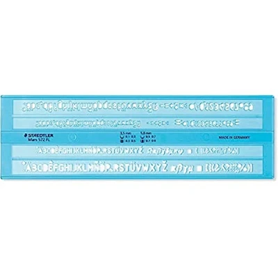 Abbildung von STAEDTLER Schriftschablone Mars, Schrifthöhe 3,5 mm und 5 mm, geeignet für pigment liner, Fineliner, Druckbleistifte Lumocolor S, blau transparent, 572
