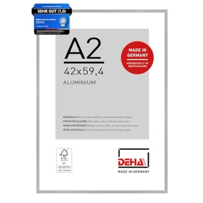 Abbildung von DEHA Design Bilderrahmen, 42 x 59,4 cm (A2), Aluminium, Silber matt, Posterrahmen zum Aufhängen im Hoch &amp; Querformat, bruchsicheres Kunstglas, Tribeca