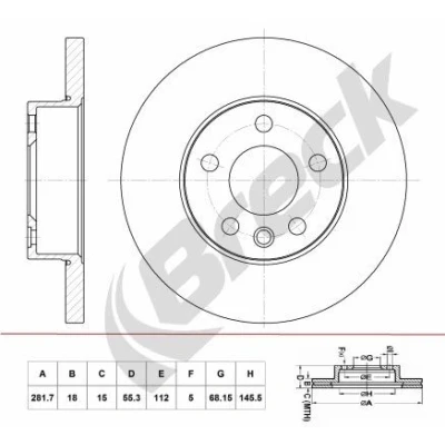 Abbildung von BRECK BR 055 SA100 Bremsscheibe 281,7 18 5 voll beschichtet ohne Lager VOLKSWAGEN: Transporter 4 Bus, Kastenwagen