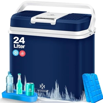 Abbildung von KESSER® 24 Liter Kühlbox KÜHLT und WÄRMT Thermo Elektrische inklusive 2X Kühlakku &amp; Getränkehalter 12 Volt 230 Mini Kühlschrank für Auto Camping EEK E Navyblau