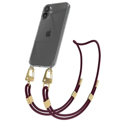 Abbildung von EAZY CASE Handykette mit Karabiner kompatibel iPhone 16 Plus Hülle Silikon Fallschutz transparente Handyhülle für Apple Kette zum Umhängen in Beere Transparent Gold