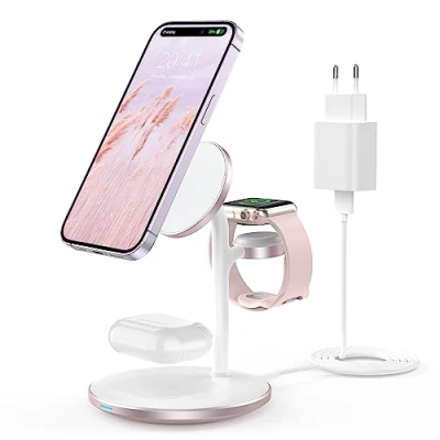 Abbildung von 3 in 1 Induktive Ladestation für mehrere Geräte,15W Kabellos Ladestation,Wireless Charger Kompatibel mit Mag Safe Ladegerät iPhone 15 14 13 12 Pro Max Plus Pro,iWatch Ultra/8/7/SE/6/5,AirPods Pink