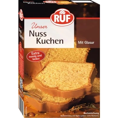 Abbildung von RUF Nusskuchen, Backmischung mit schneller und einfacher Zubereitung, nussig locker Glasur, als Grundlage für Rüblikuchen, vegan, 1 x 520g