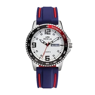 Abbildung von UMR RUHLA Armbanduhr, Quarz, analog, Silikonarmband, Edelstahlgehäuse, wasserdicht bis 10 bar, Farbe:Blau/Weiß