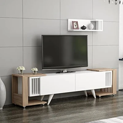 Abbildung von en.casa TV Schrank Glostrup Board 41 x 150 32 cm mit 2 Beistelltischen Weiß / Eiche