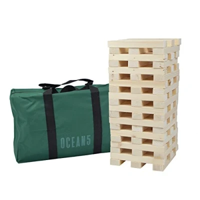Abbildung von Ocean 5 XXL Riesen Wackelturm aus massivem Natur Holz, Jumbo Turm Spiel, 60 Teile (21x4x2,5cm), bis zu 1,5m hoch Bauen mit dem Stapel Geschicklichkeitsspiel