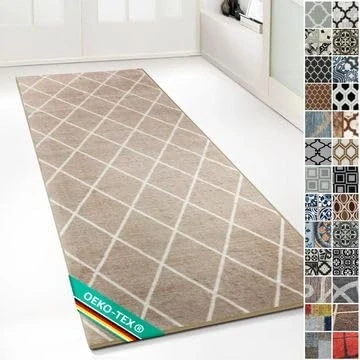 Abbildung von Floordirekt Teppichläufer mit Muster maßgefertigter Feinschlingen Teppich Läufer für Küche, Flur &amp; Wohnraum Ornament Vintage Orient Gitter (80 x 100 cm, Cosenza Beige)