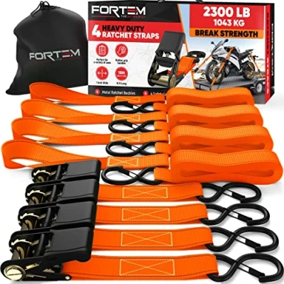 Abbildung von FORTEM Spanngurte, 1043 kg Bruchfestigkeit, 4 x 4,57 m Spanngurte mit Ratsche Weiche Zurrschlaufen, Zurrgurte Haken aus Beschichtetem Metall Gummigriffe Tasche (Orange)