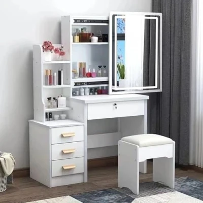Abbildung von Schminktisch mit LED Lichtern, einstellbarer Helligkeit Spiegel, 4 Schubladen und offenen Regalen, Holz Modern Schlafzimmer Kommode, Spiegel Hocker