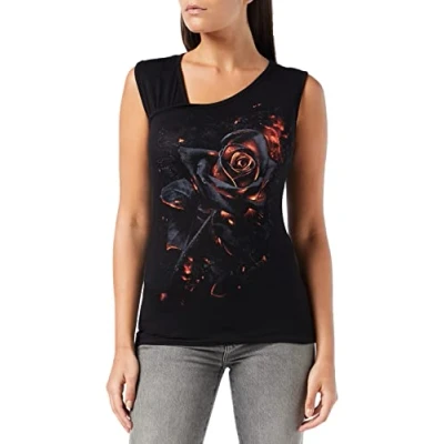 Abbildung von Spiral Damen Burnt Rose Gathered Shoulder Slant Vest Black Top Gothic Kleidung Love&amp;Roses Shirt EMP Oberteile Schwarz XXL