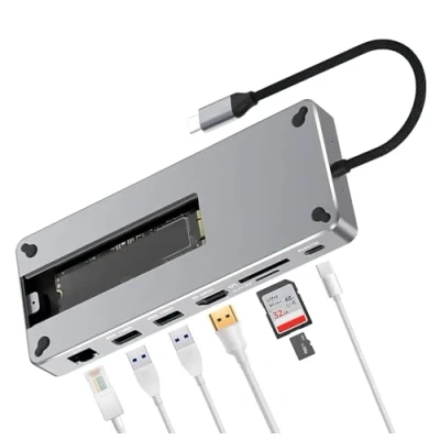 Abbildung von Reagle 10 in 1 USB C Hub mit M.2 SSD Gehäuse, 4K@60Hz HDMI, 100W PD, 10Gbps 3.2 Gen 2, RJ45 Gigabit Ethernet, SD/microSD Kartenleser kompatibel Windows, MacOS, Android, NVMe/SATA NGFF SSDs